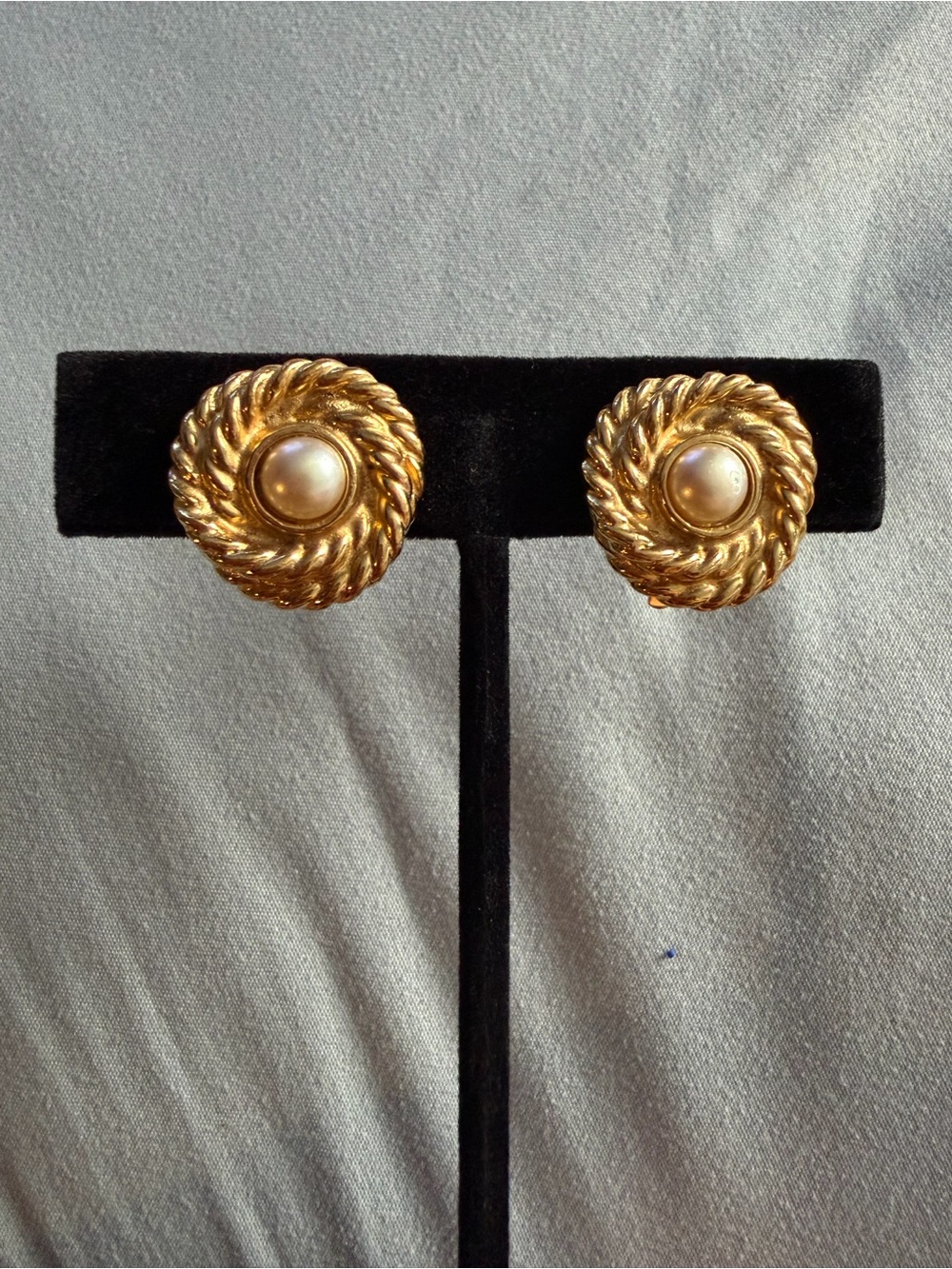 Dior Gold-Tone Rope Button Earrings with Pearl Center